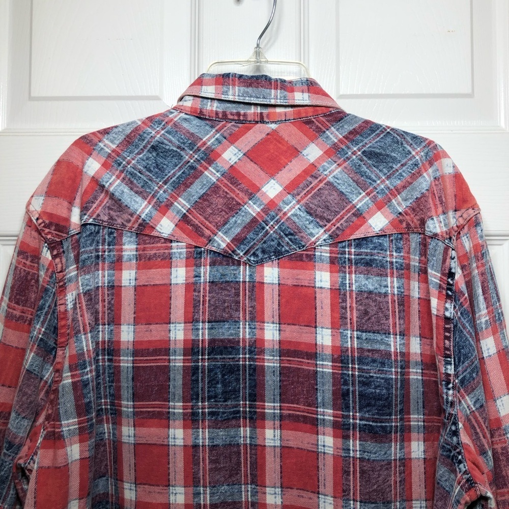 Lucky Brand Washed & Worn Cotton Red White Blue Pearl Snap Plaid Shirt  L - Picture 8 of 15